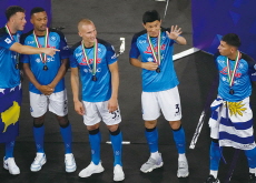 Korean Soccer Stars Son, Lee, and Kim Lift Trophies - Sports